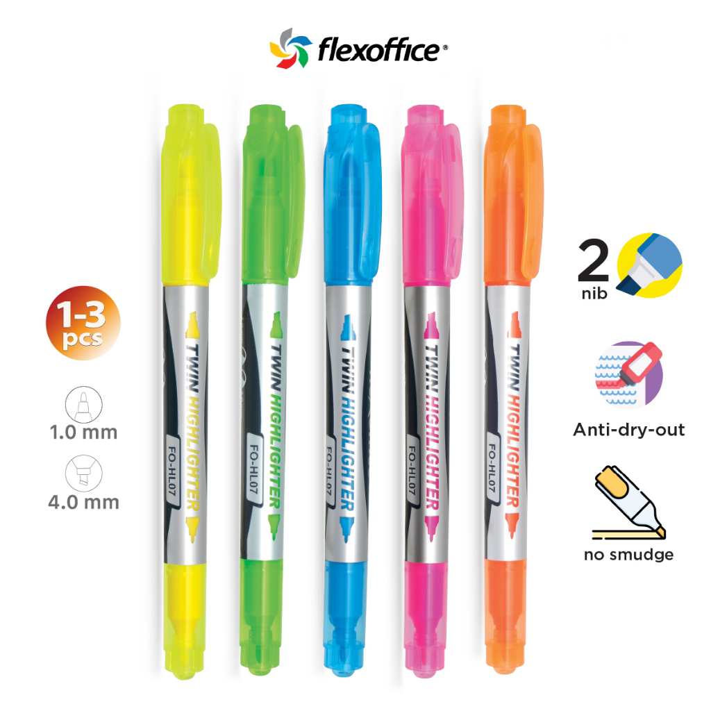FlexOffice Highlighter Twin Nib - 1pc OPP - Assorted Fluorescent Colors ...