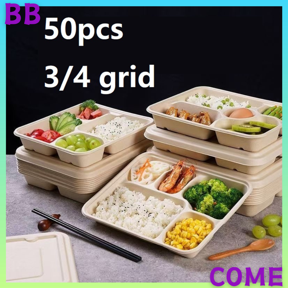 50pcs Sugarcane Pulp Bento Box Food Container 3 or 4 Compartment ...