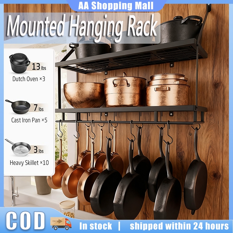 2-Tier Kitchen Pot Rack Kitchen Pot Hanging Rack Mounted Organizer ...