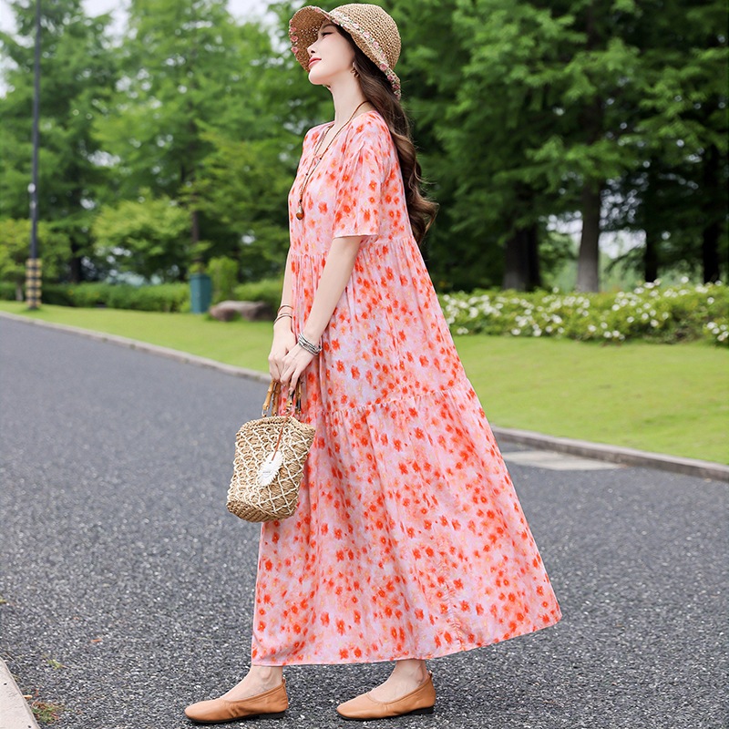 Summer Women Print Midi Dress Plus Size Boho Short Sleeve Round Neck Dress  L2061New | Shopee Philippines