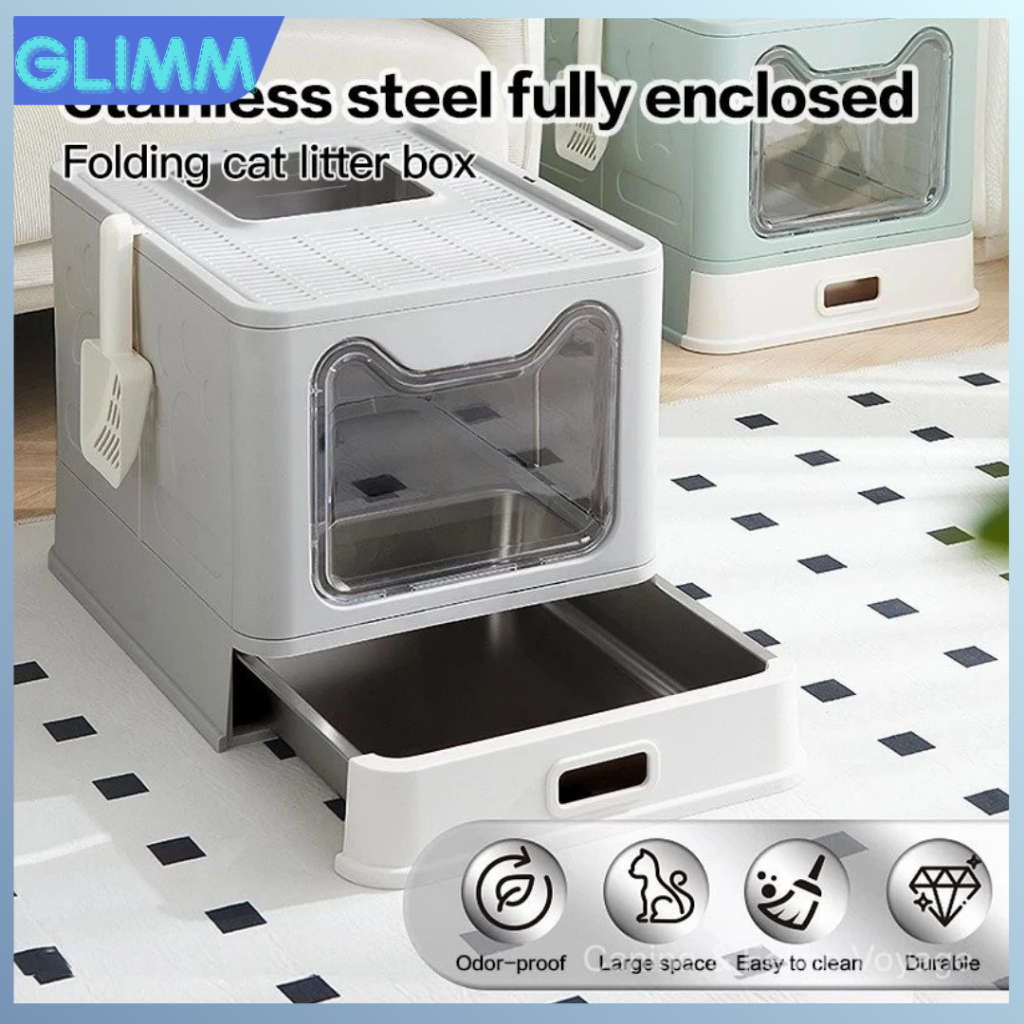 Picture of Cat Litter Box With Lid Fold Enclosed Stainless Steel Extra Large Kitty ...