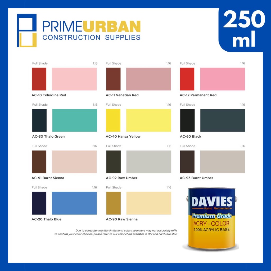 DAVIES ACRY-COLOR 100% Acrylic Base 250ml 1/4 Liter acry color | Shopee ...