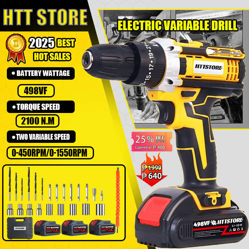 HTT Cordless Hammer Drill Driver Impact Drill Hand Drill With Free Two ...