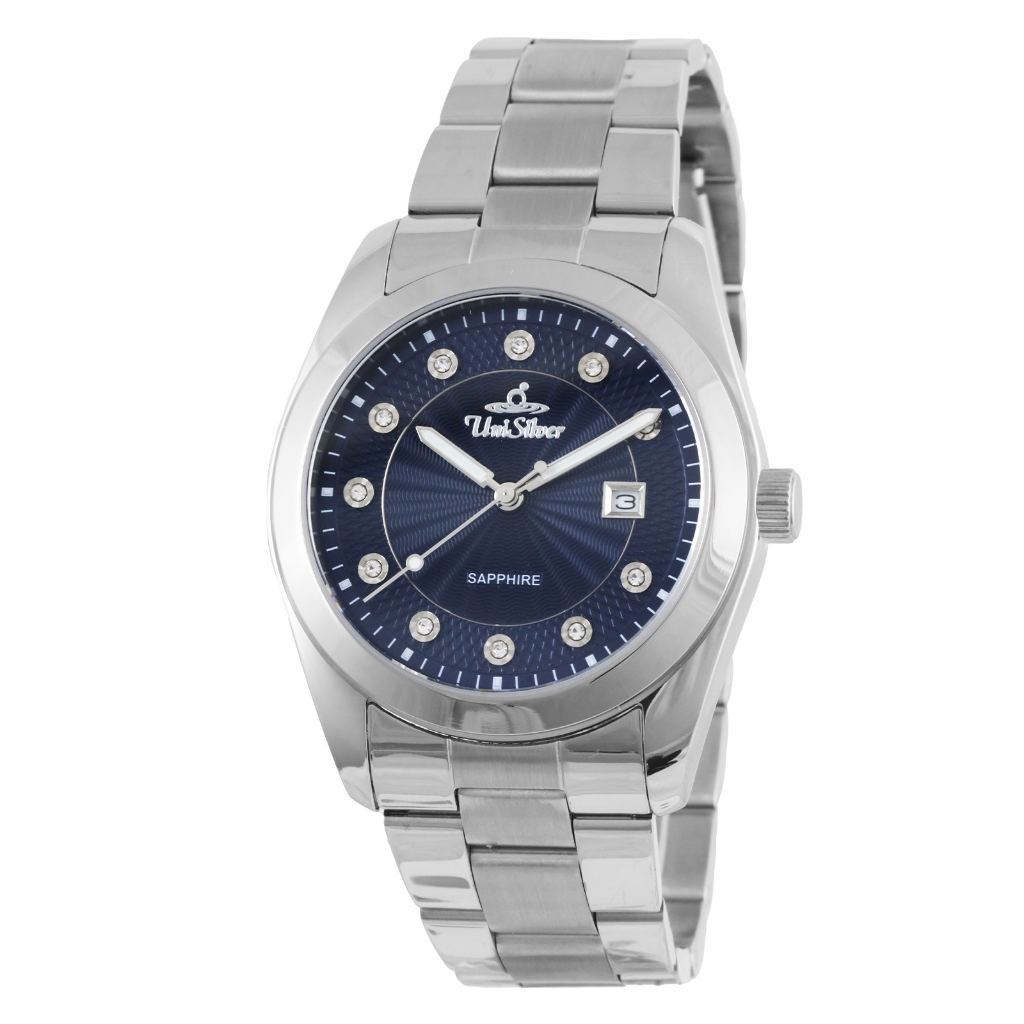 UniSilver TIME Men's Silver/Navy Blue Dial w/ Stones Sapphire Glass ...