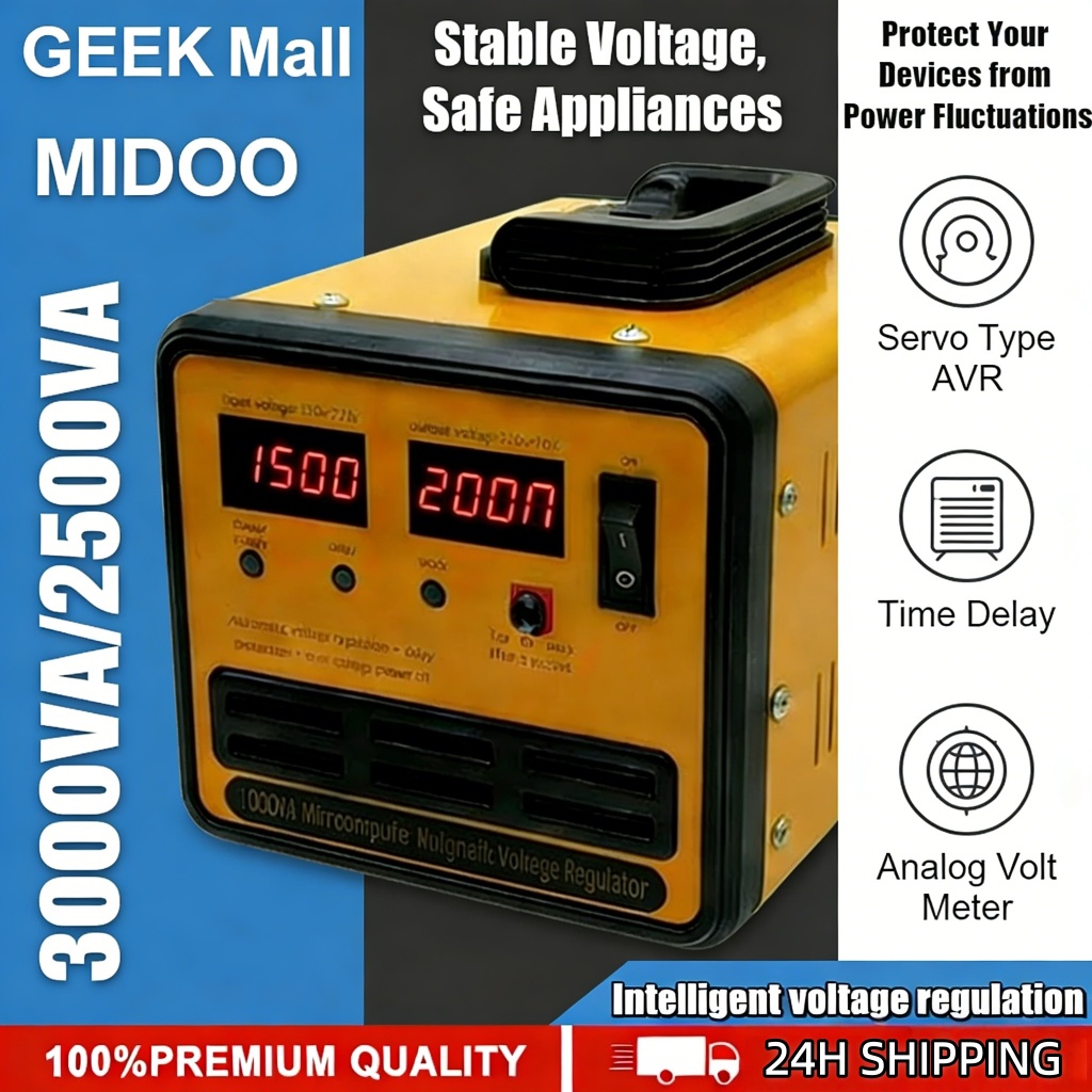 MIDOO SVR-3000VA/2500VA Automatic Voltage Regulator Servo Type AVR Time ...