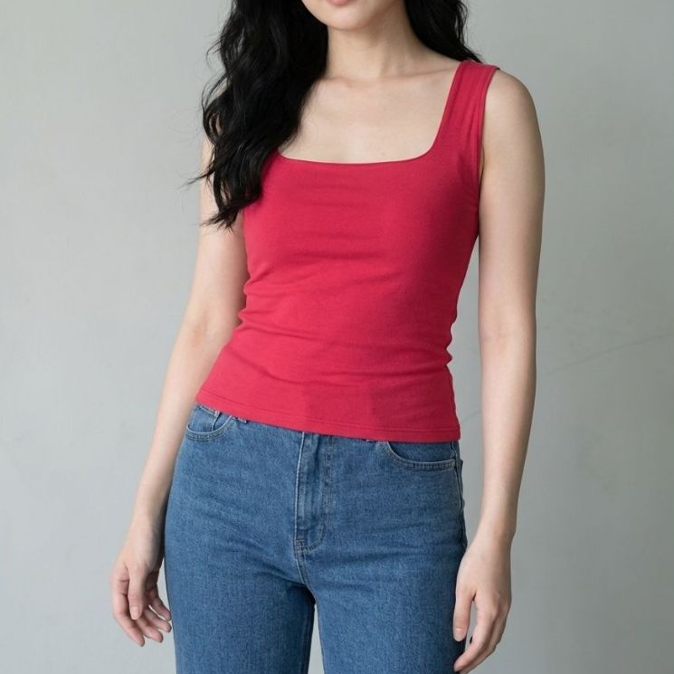SN Square Neck Double-Lining Full-Length Tank Top | Basic Solid Sando ...