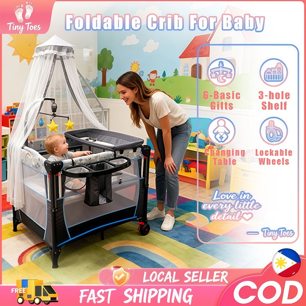【Tiny Toes】Foldable Crib For Baby 2 Layer with Mosquito Net Diaper ...