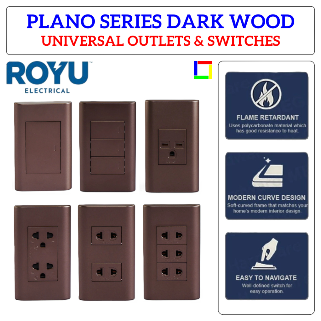Royu PLANO SERIES DARK WOOD Universal Outlets & Switches (1Gang, 2Gang ...