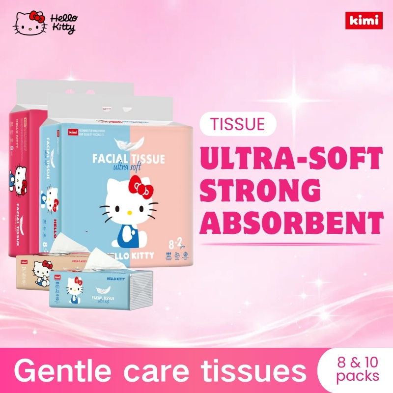 Kimi Hello Kitty Baby Facial Tissues (4-ply 8packs x 100 sheets & 3-ply ...