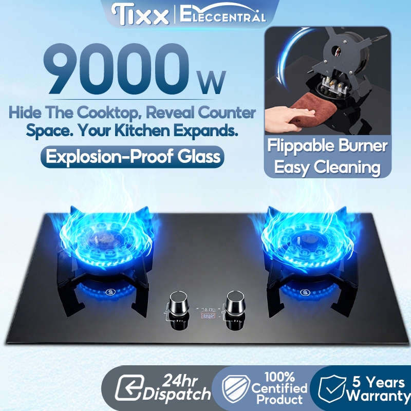 Tixx 9KW Gas Stove Double Burner Flip-Lid Built-In Flame out Protection ...