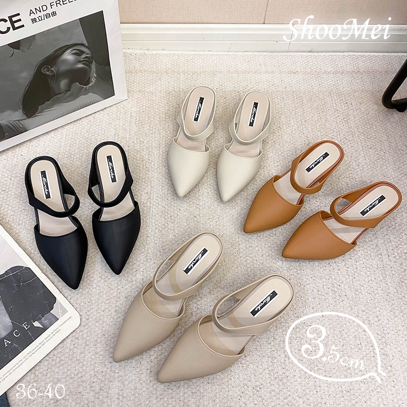 Shoomei Women's Korean Style Pointed Toe Half Mules Mid Heel Casual ...