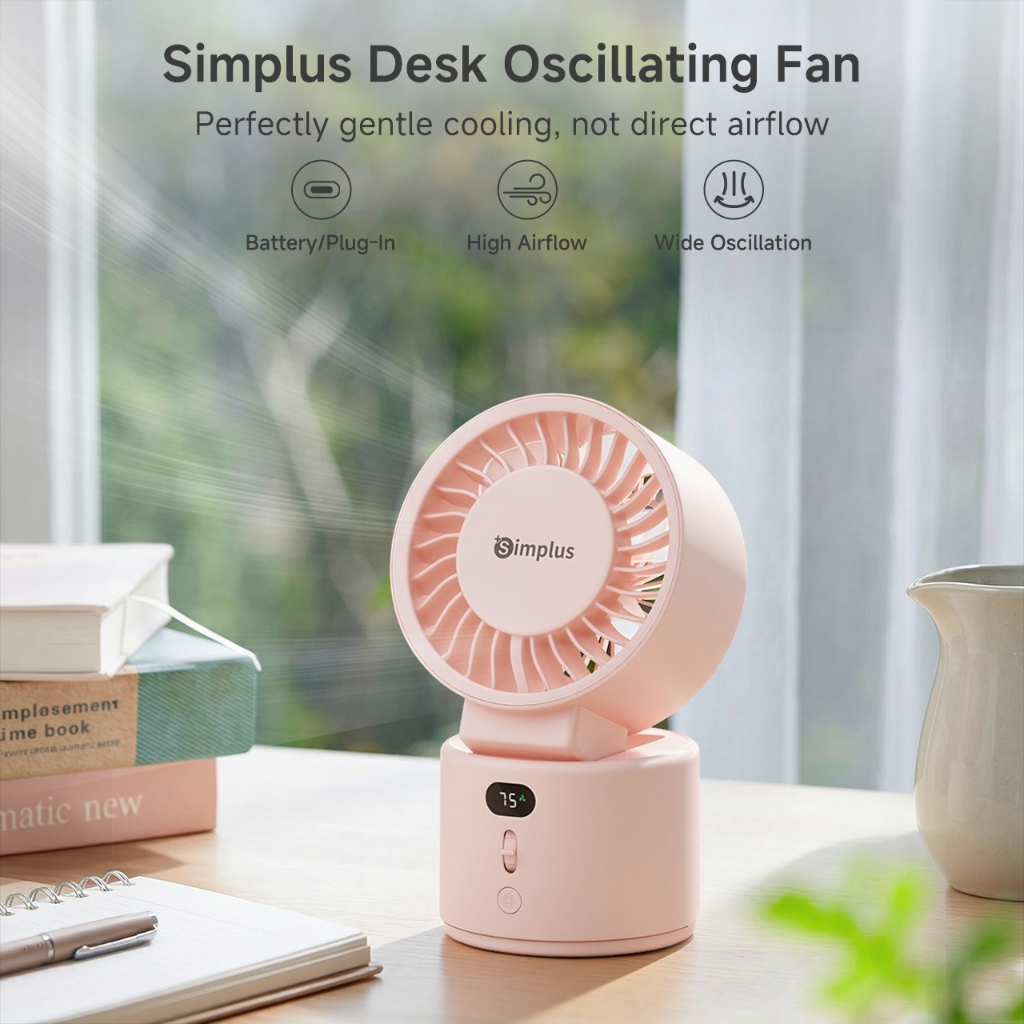 Simplus Desk Fan 100 Stepless Speed Levels Wide-Angle Airflow Long ...