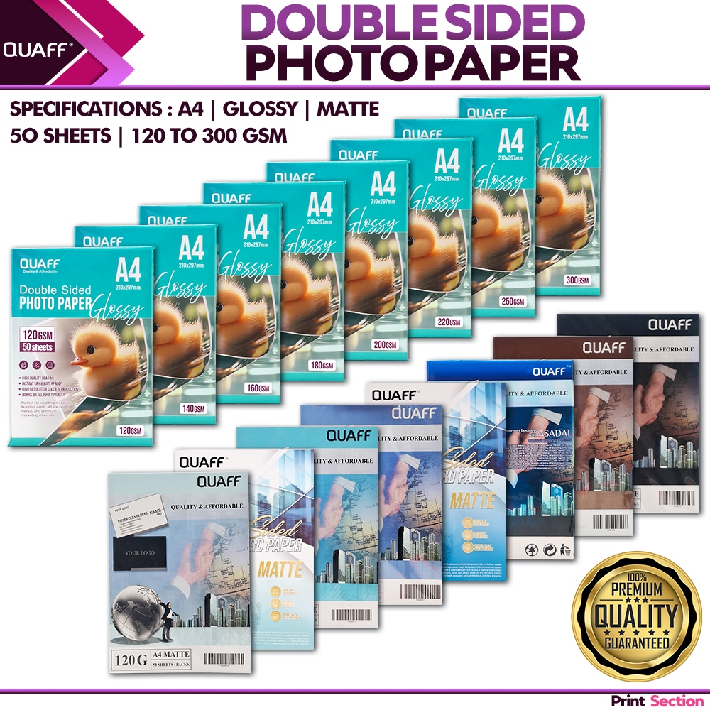 Quaff Double Sided Photo Paper A4 Matte/Glossy 50 Sheets Inkjet Printer ...