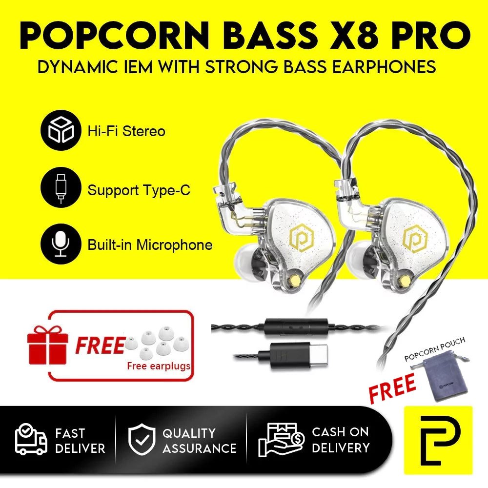 Popcorn BASS X8 PRO Dynamic Earphones Gaming Headset Wired Earphones ...
