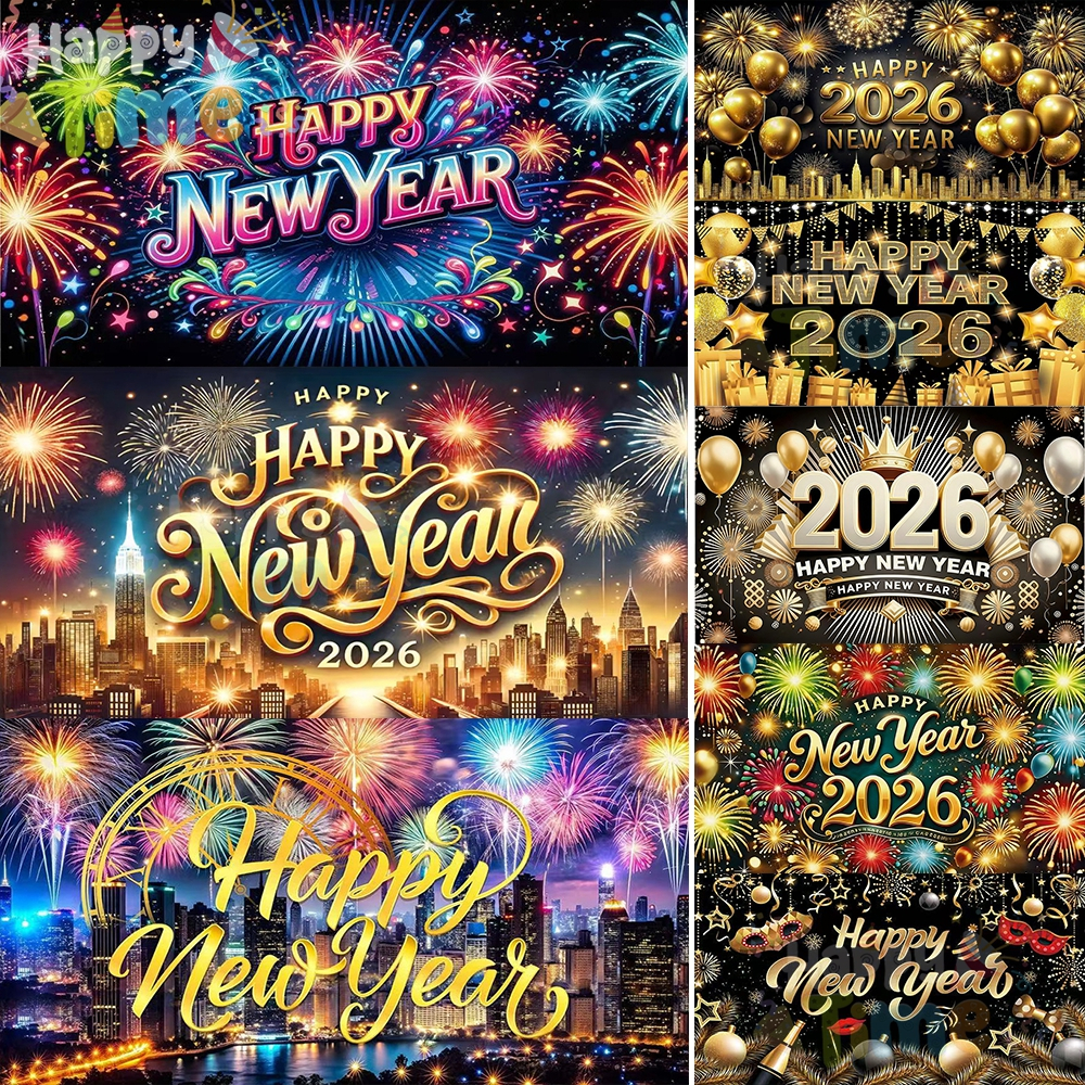 Happy New Year 2026 Banner Black Gold Fireworks Backdrop for New Year ...