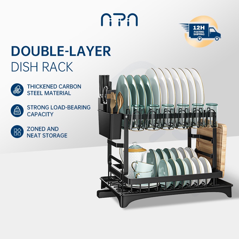 Nipiin 2 Tiers Dish Drying Rack Cabinet Kitchen Organizer With Cup Rack ...