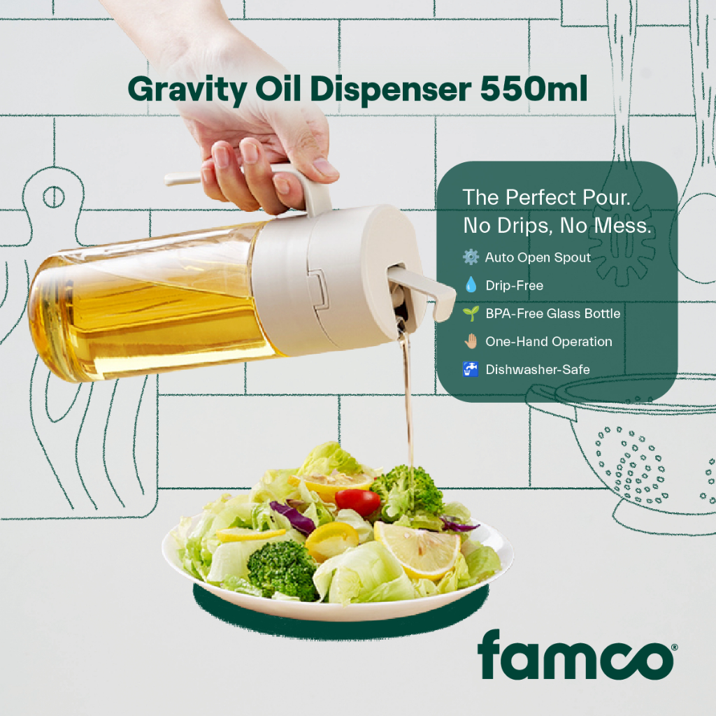Famco Gravity Oil Dispenser 550ml Glass Bottle w/ Auto Open Drip-Free ...
