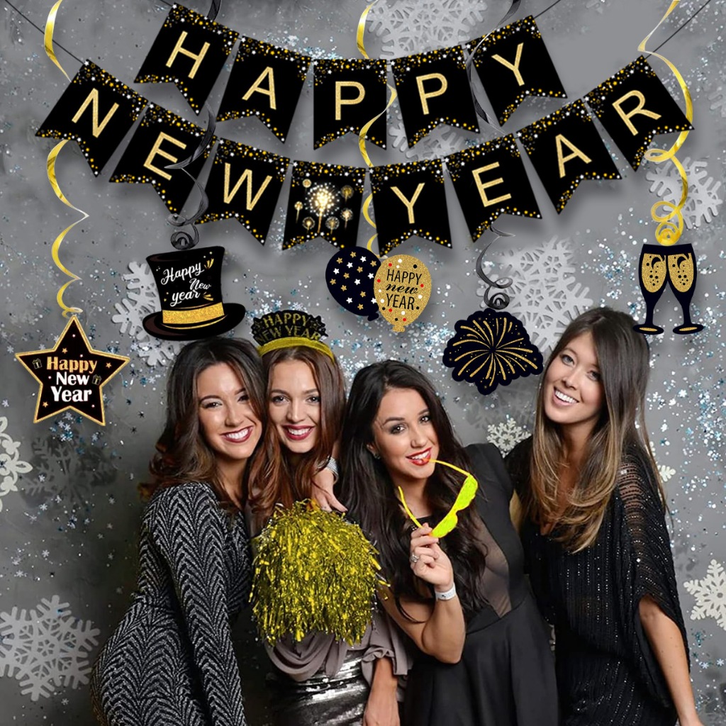Happy New Year Banner Black Gold New Year Banner Hanging Spiral For ...