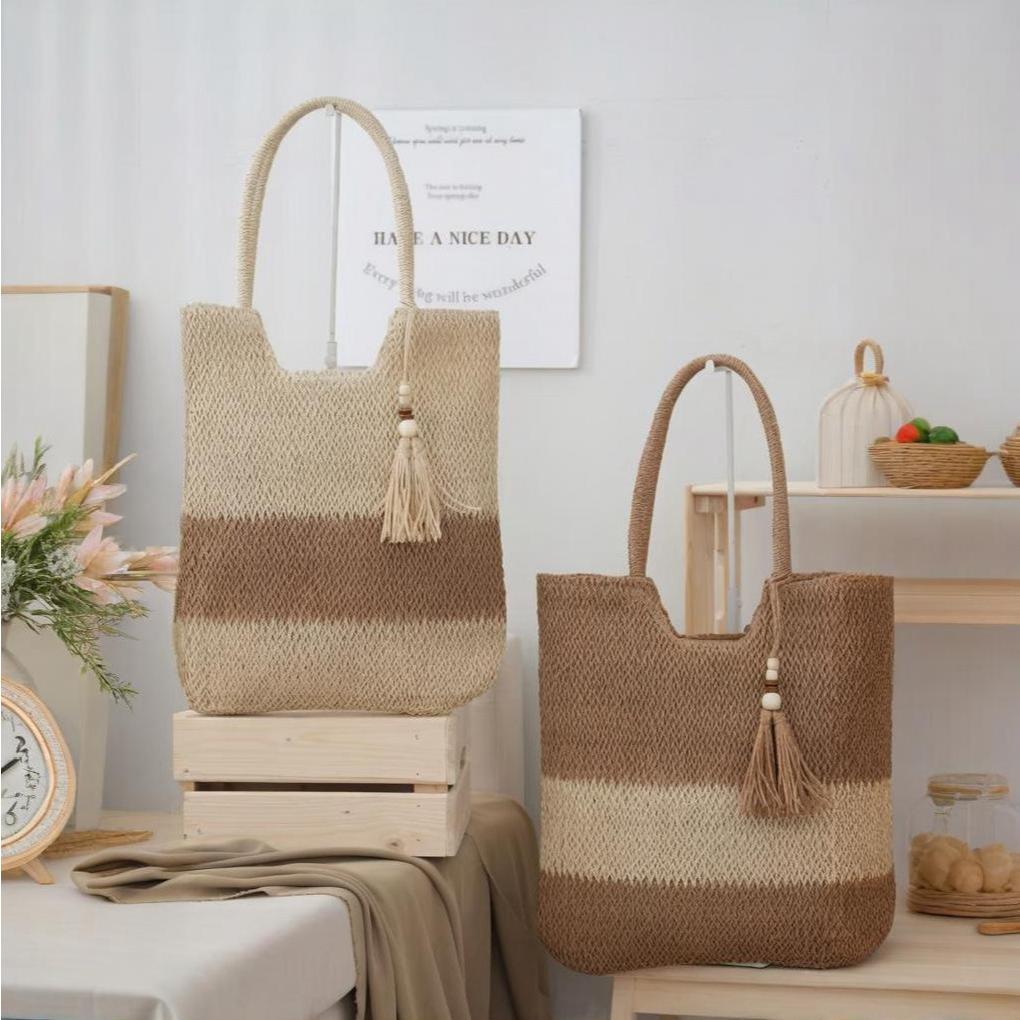 Summer Straw Woven Tote Bag with Tassels Large Shoulder Bag for Women ...