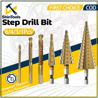6pc Titanium Step Drill Bit Set W/ Automatic Center Punch - HSS In Case