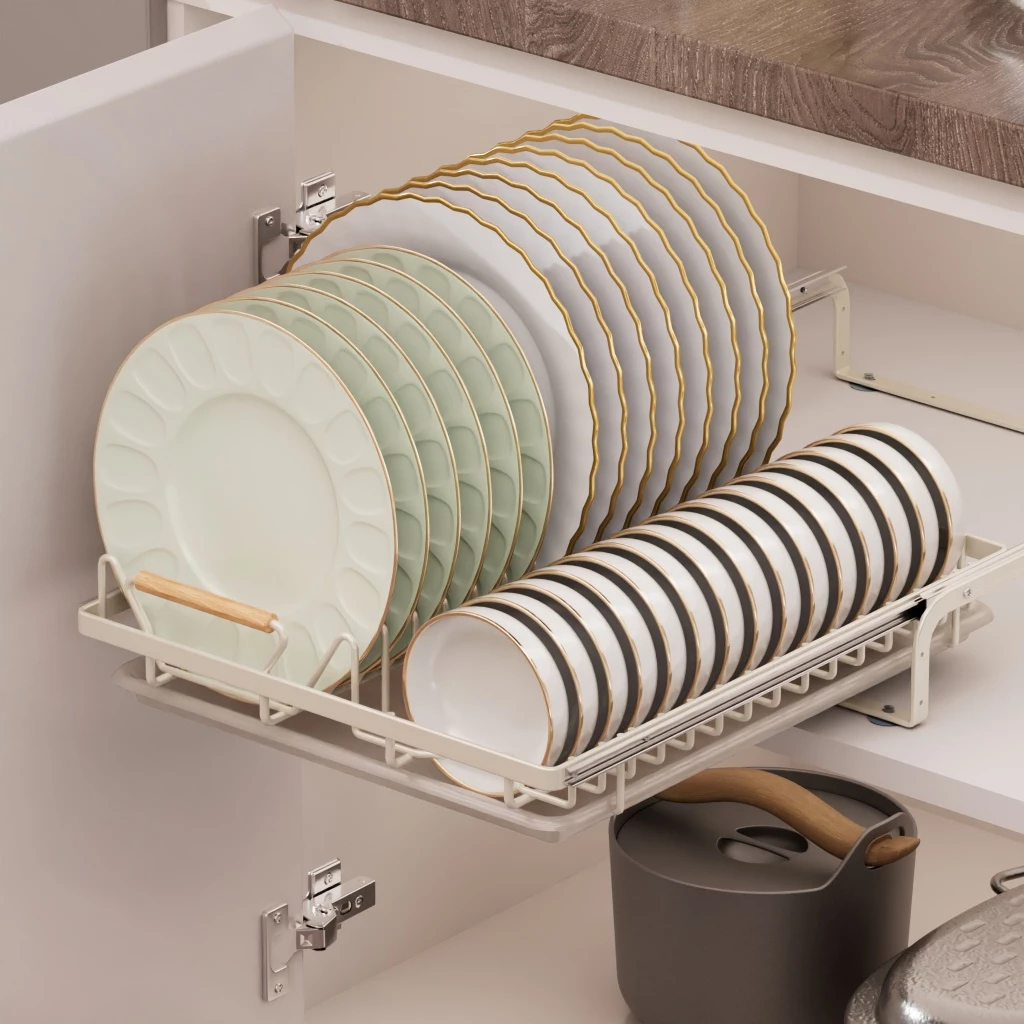 Dish Rack Pull Out Carbon Steel Kitchen Organizer Cabinet Storage Space ...