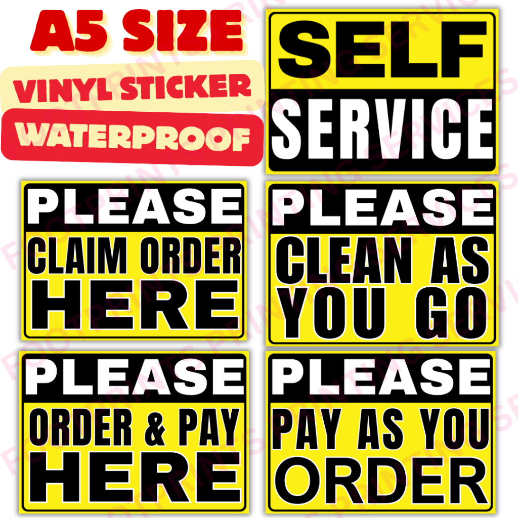 A5 Waterproof Vinyl Sign Stickers – Self Service, Order Here, Pay Here ...
