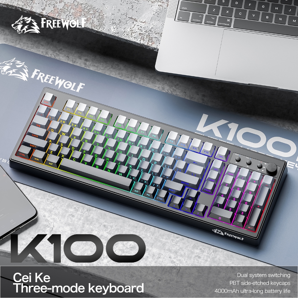FREEWOLF K100 Tastiera Gaming A Membrana – Tri-mode (Bluetooth/2.4G/USB-C) – Tasti PBT Gradiente Con Incisione Laterale – RGB 16M Colori – Batteria 4000 MAh – Lampone