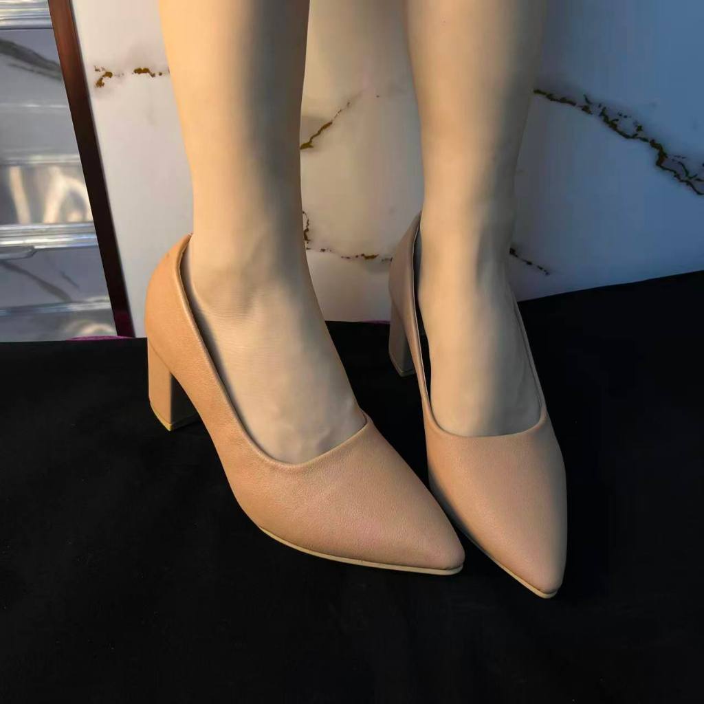 Women Style Leather Pointed Toe Office Work Block heels Black Shoes ...