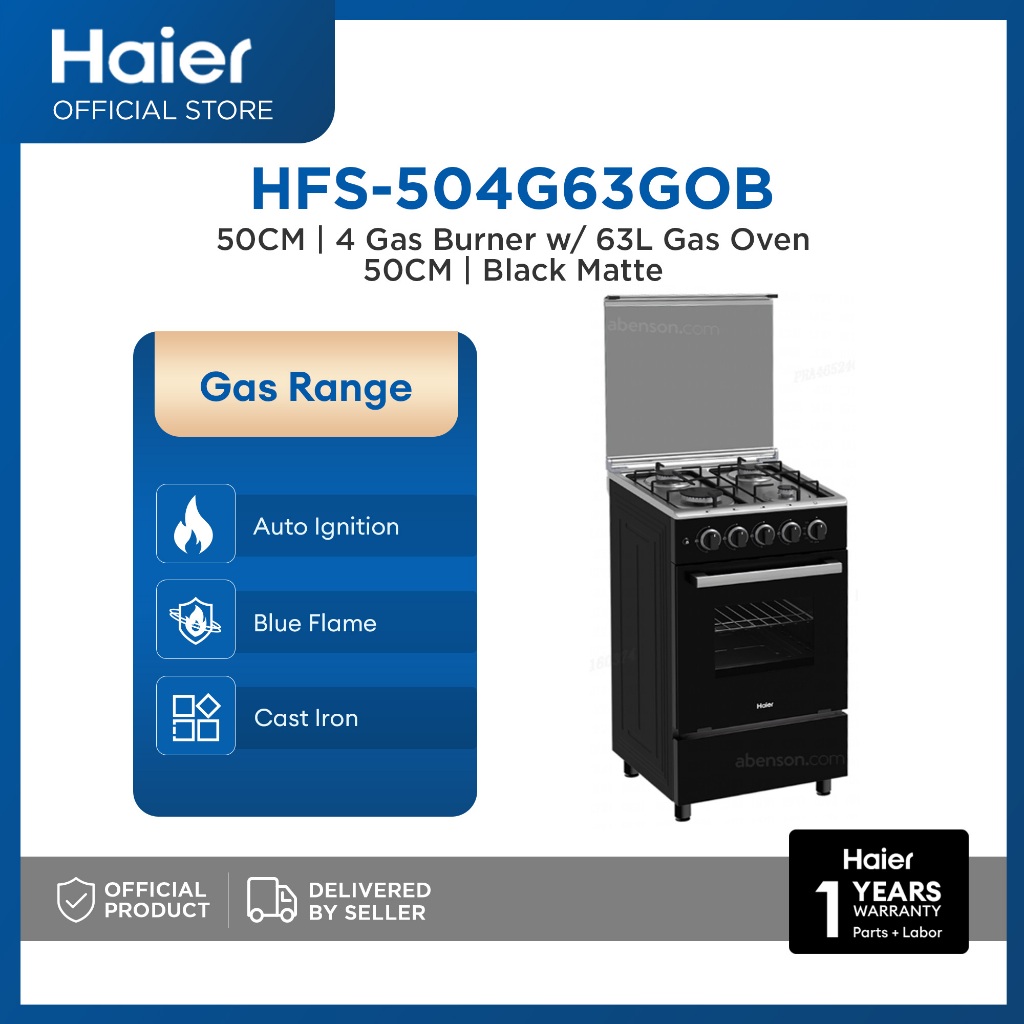 Haier HFS-504G63GOB 50cm 4 Gas Burners with 60L Single Burner Gas Oven ...