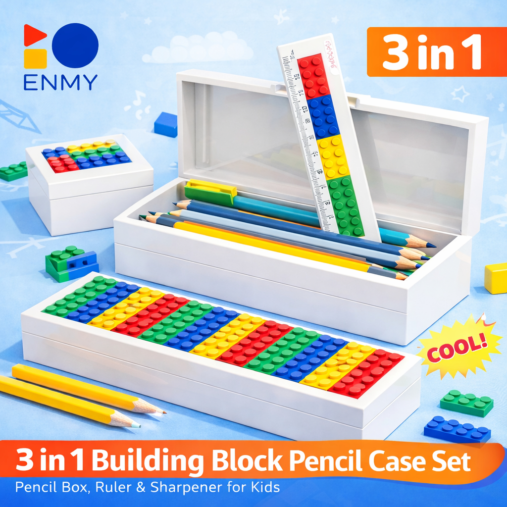 ENMY 3 in 1 Building Blocks Pencil Case Set Cute Ruler Sharpener Pencil ...