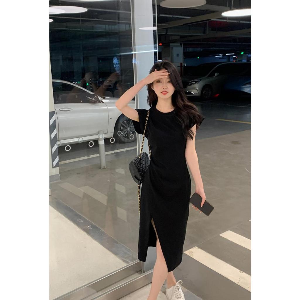 korean summer black midi dress with sleeves semi formal dress elegant slit  dress for woman casual xl | Shopee Philippines