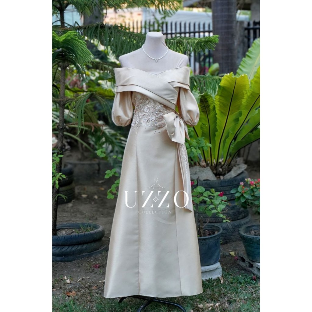 HABLON Kris Off Shoulder Beige Gazar Puff Sleeves Long gown Mother Principal  Sponsor Dress | Shopee Philippines
