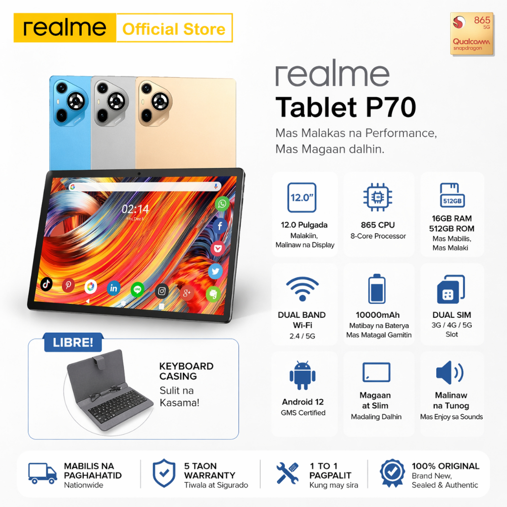 𝐑𝐞𝐚𝐥𝐦𝐞 Tablet P70 12 Inch 𝐀𝐧𝐝𝐫𝐨𝐢𝐝 𝟏𝟑.0 16GB RAM 512GB ROM Dual SIM 5G ...