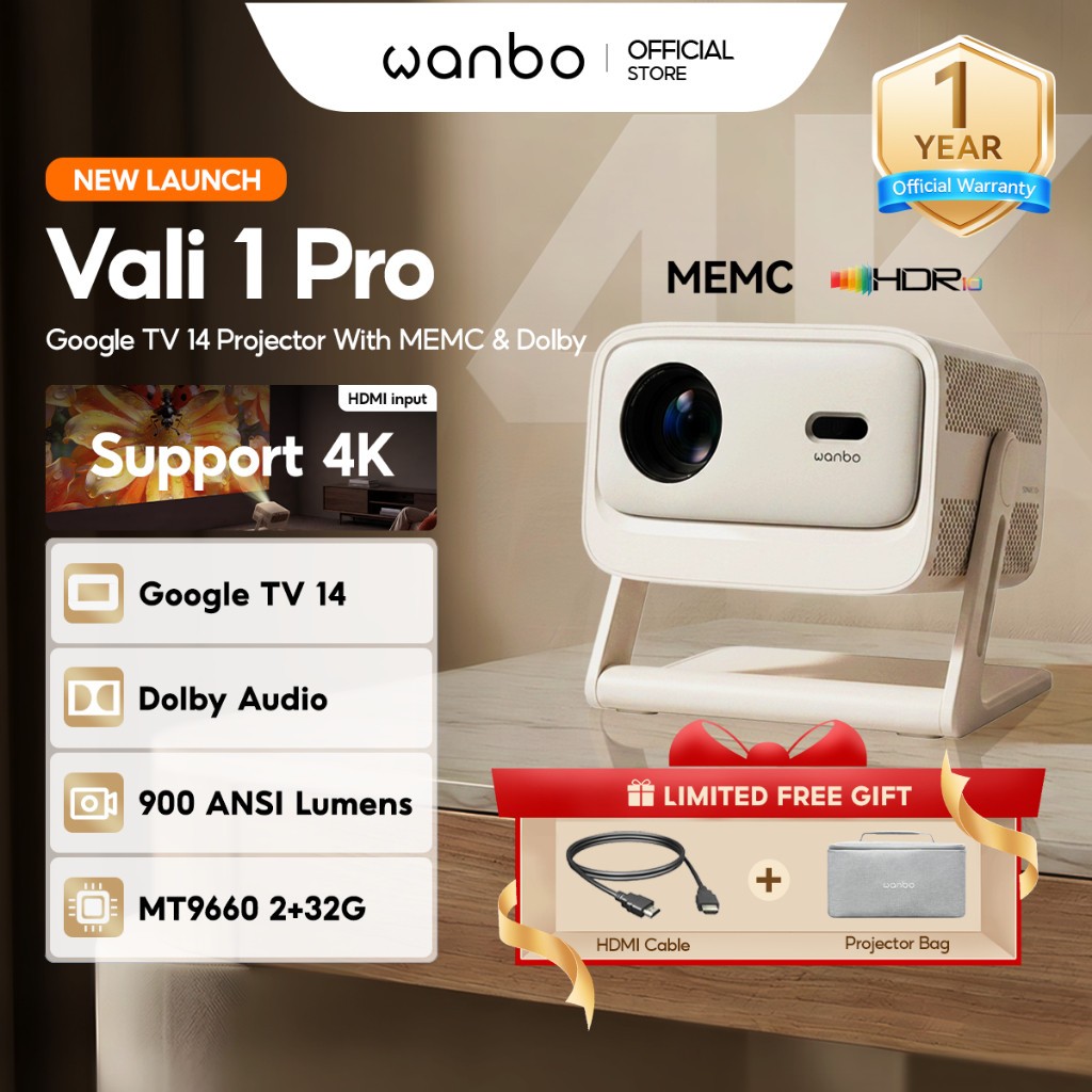 Wanbo Vali 1 Pro Smart Projector Google TV 14 Dolby Audio MEMC