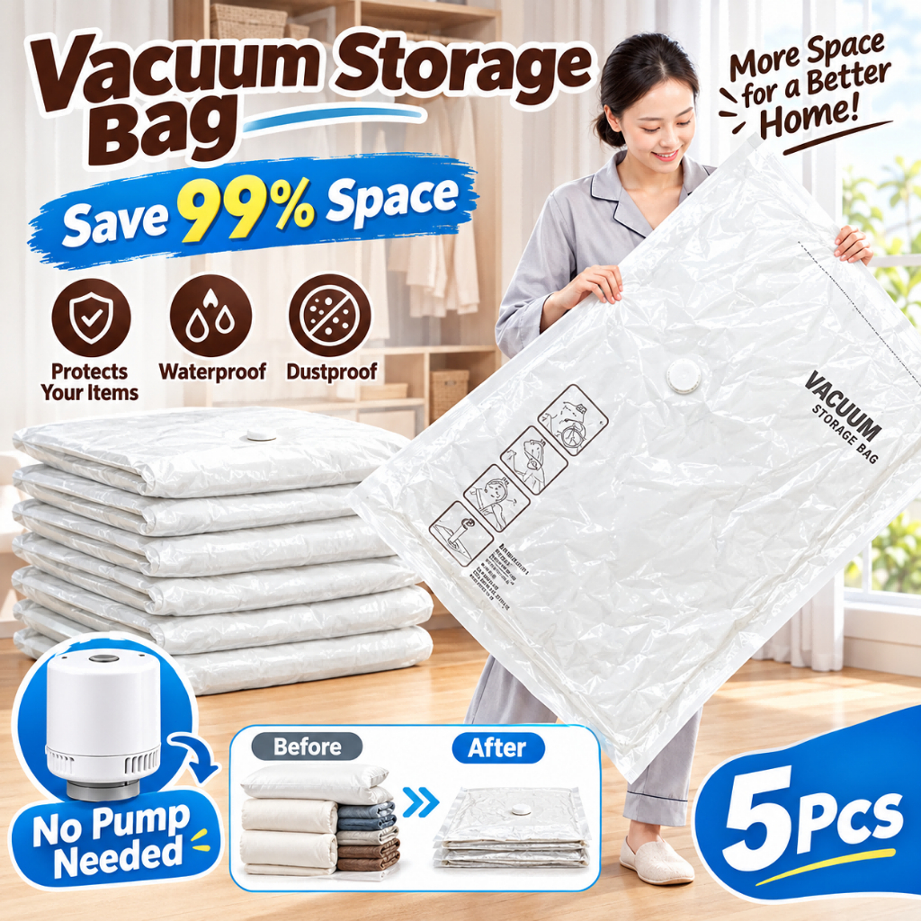 5PCS Travel Storage Resealable Vacuum Bags With Pump Vacuum Seal Bags ...