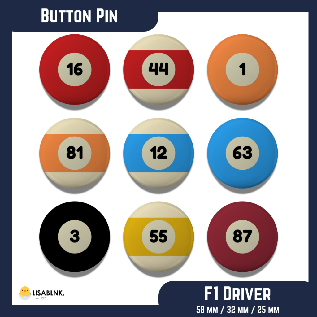 [BUTTON PIN] F1 Number Billiard Ball Inspired [Leclerc, Sainz, Piastri ...