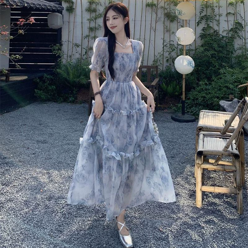 blue aesthetic dress Floral Midi Korean Style Puff Sleeve Chic Summer Dress for Women Elegant 2XL Black Satin Spaghetti Strap Linea_Betty Boop Size:US size 14 US 8 / UK