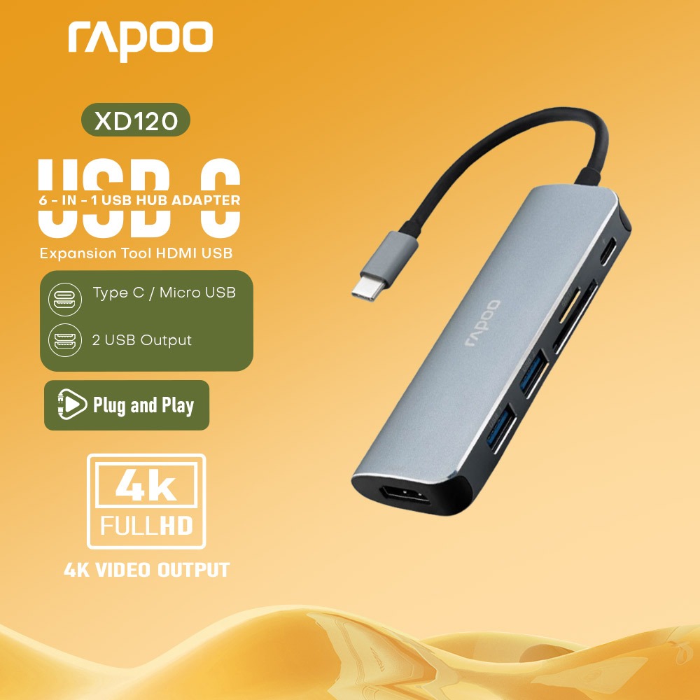 Rapoo XD120 USB Hub 3.0 6 In 1 Type C Hub 4K HDMI Fast Charger 2 USB ...