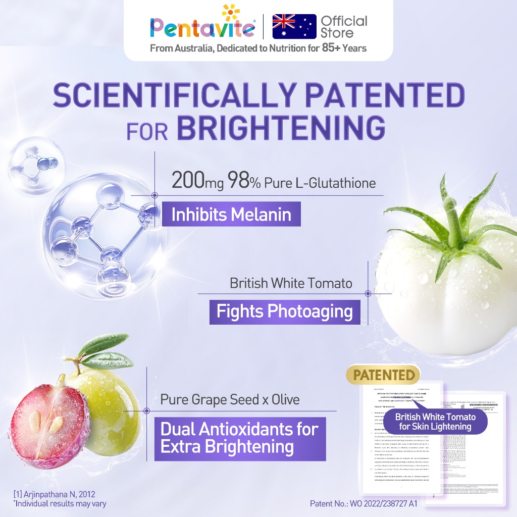 Pentavite Glutathione chewables 200mg pure L-Gluta each tablet, brightening whitening skin