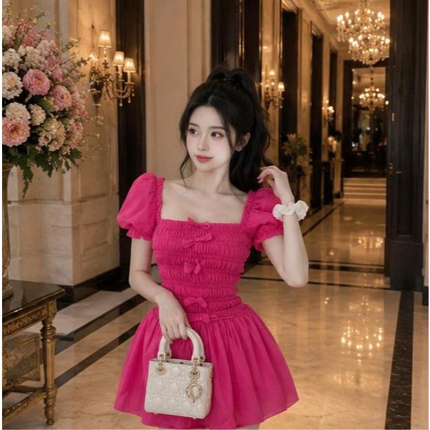 mini dress shopee Sugamilkus - Short-Sleeve Square Neck Floral Mini A-Line Dress