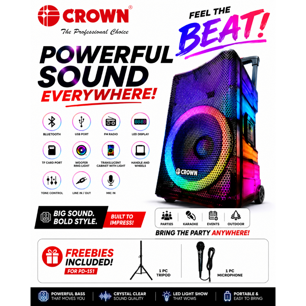 CROWN PD-151 Portable Bluetooth Party Speaker w/ LED Ring Light, USB ...