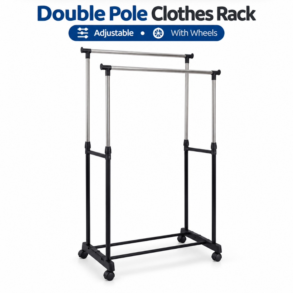 Heavy Duty Clothes Rack with Wheels Double Rod Adjustable Height ...