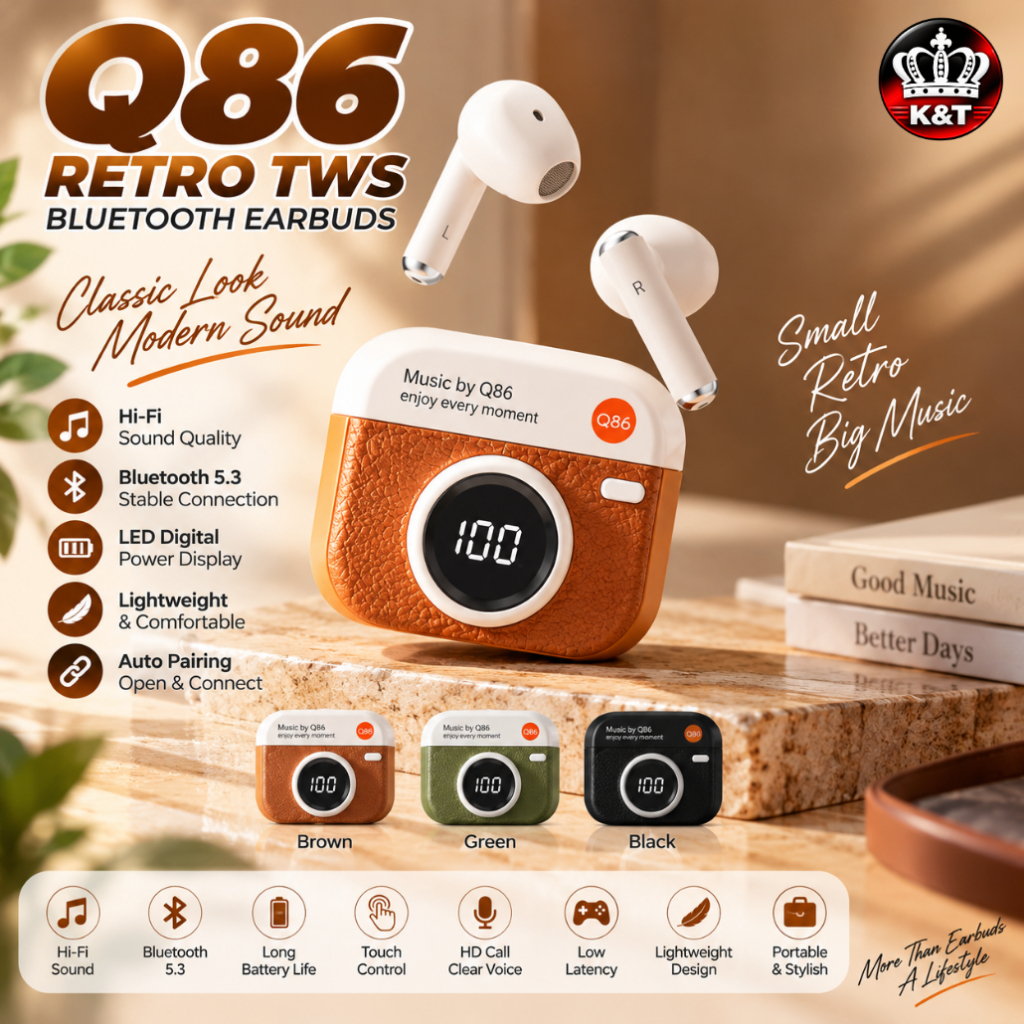 Q86 Retro TWS Bluetooth Earbuds Wireless HiFi Stereo LED Display Case ...