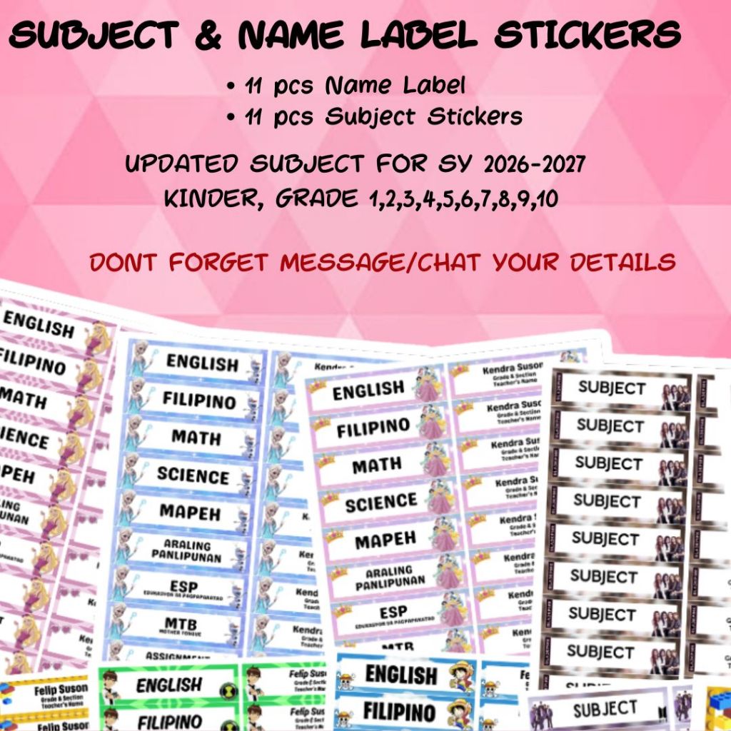 SUBJECT STICKER LABEL UPDATED SUBJECT SY 2026-2027 KINDER,G1-10 ...