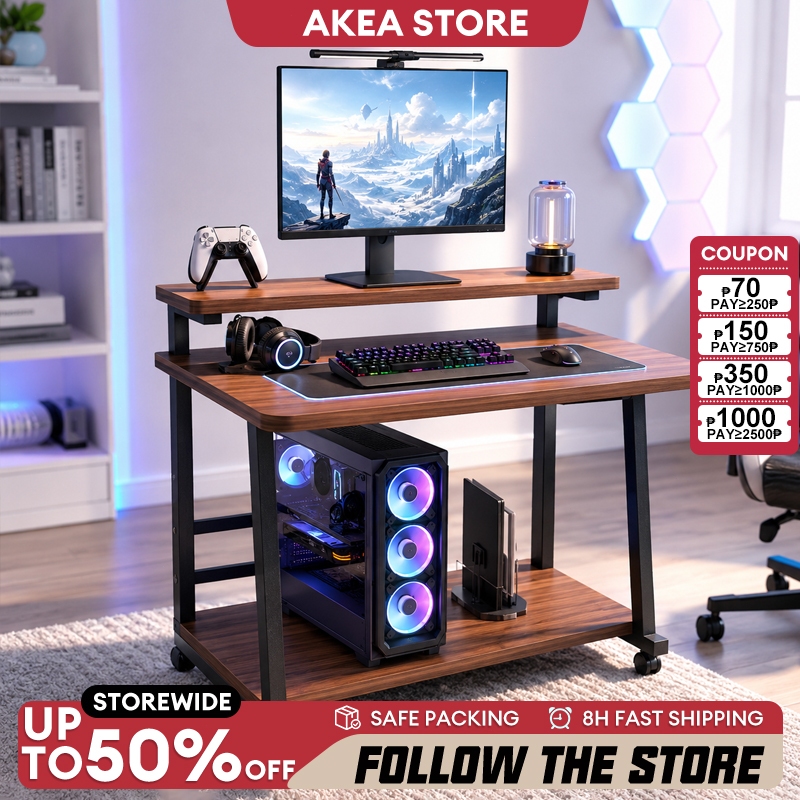 Computer Table Movable with Wheels 2-Tier Gaming Desk Study Table ...
