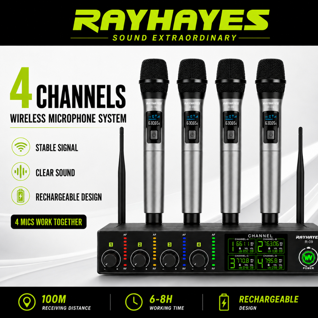 RAYHAYES R-09 Professional 4 Channel Wireless Microphone Rechargeable ...