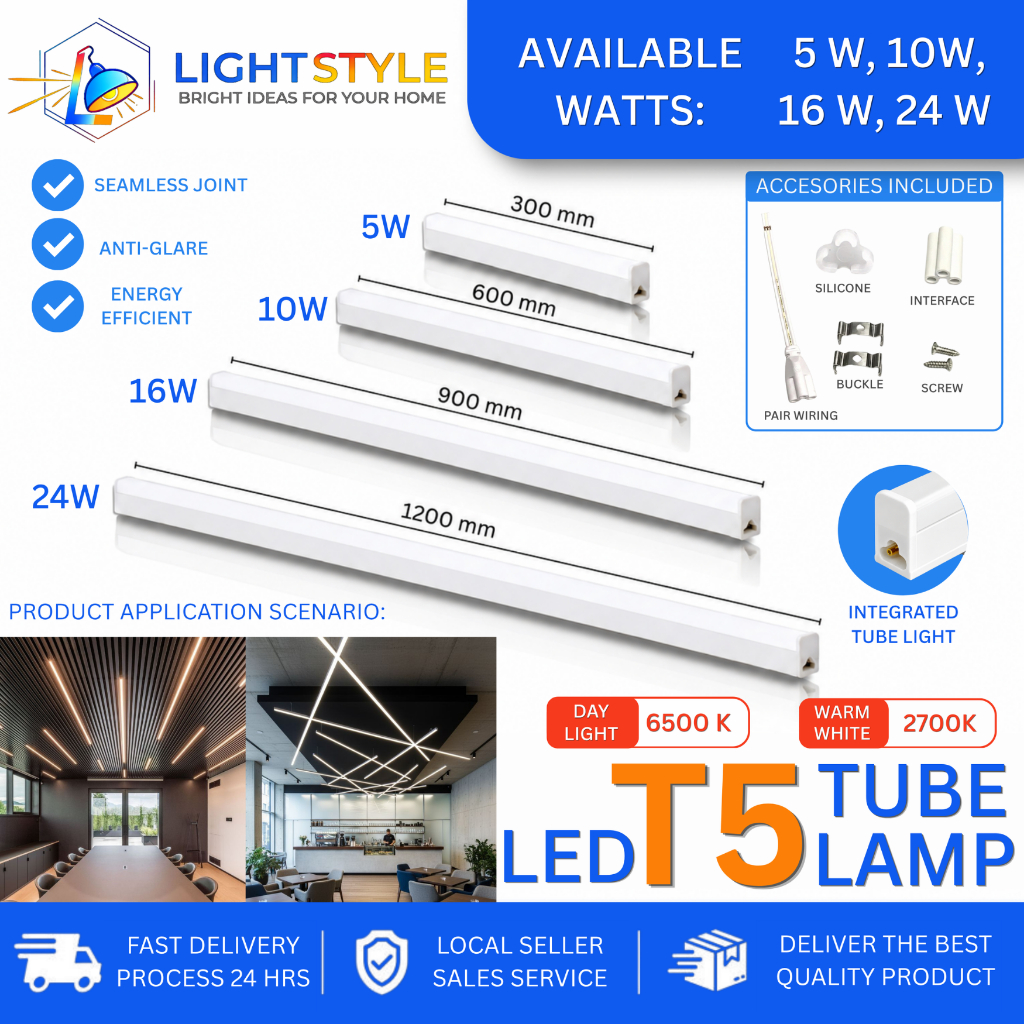 T5 LED Tube Light 5W / 10W / 16W / 24W Daylight & Warm White led light ...