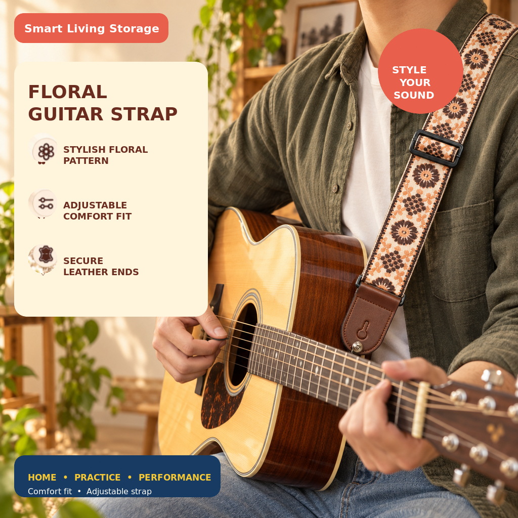 PH.MART Guitar Strap Bass Cotton Leather Embroidery Straps Adjustable ...