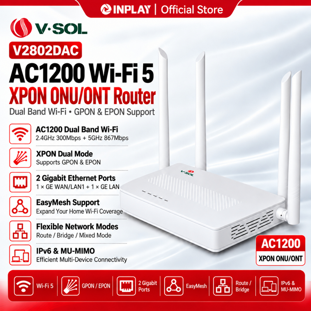 VSOL V2802DAC AC1200 Dual Band WiFi 5 Fiber Modem Router XPON ONU ONT 2 ...