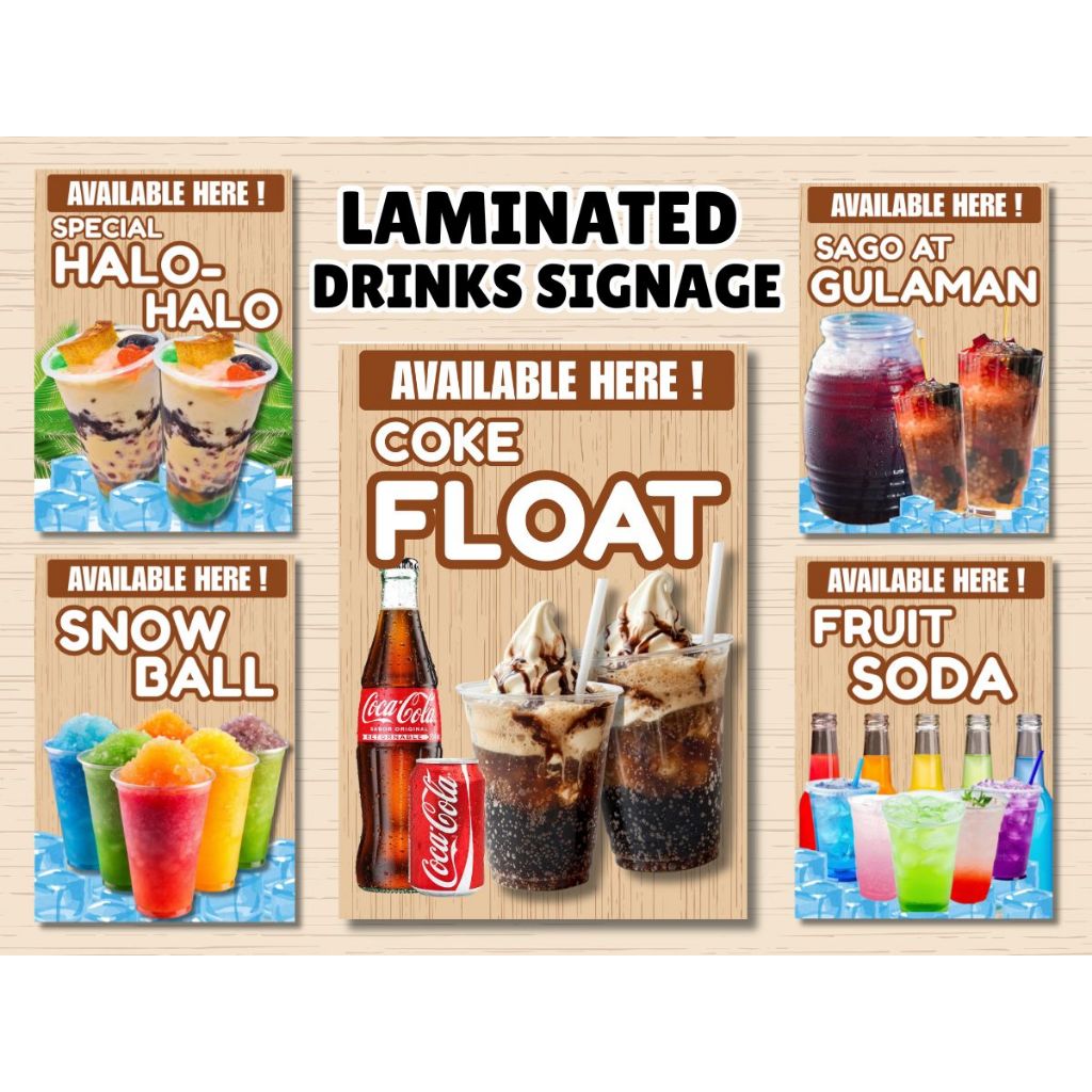laminated signages coke float/choco float/fruit soda/halo halo/snowball ...